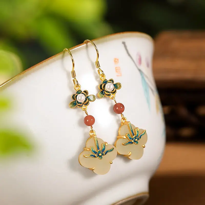 Original natural chalcedony flower enamel drop earrings for women exquisite ancient rhyme ethnic style banquet jewelry gift