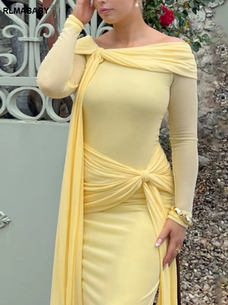 RLMABABY Sexy schulterfreies, gerüschtes, drapiertes Damen-Bodycon-Maxikleid, elegantes, rückenfreies Bandage-Party-gelbes, dünnes langes Kleid