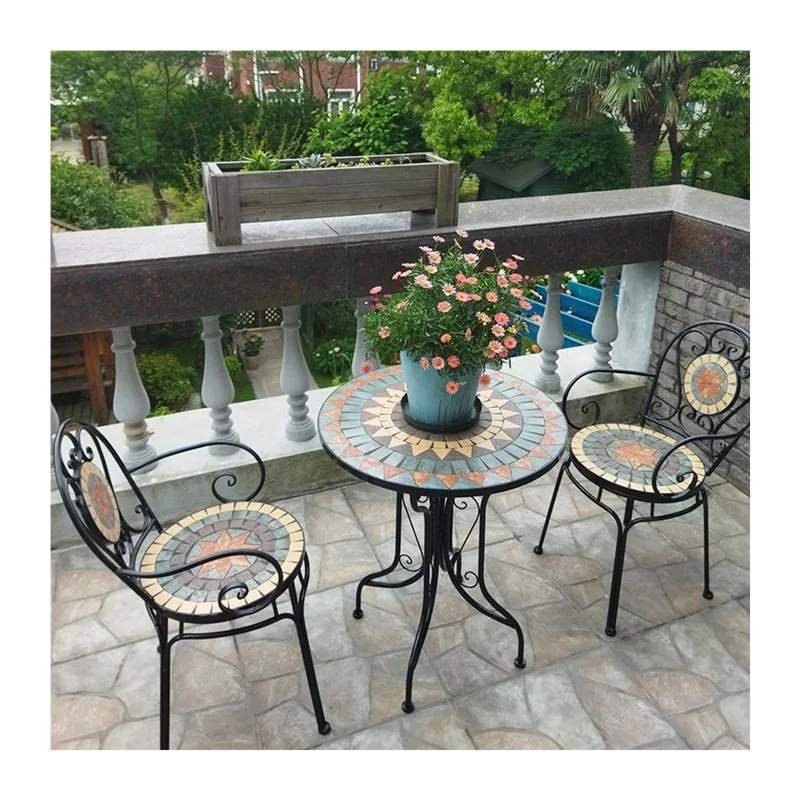 

Wrought iron mosaic tables and chairs outdoor terrace courtyard leisure small coffee table three-piece combination