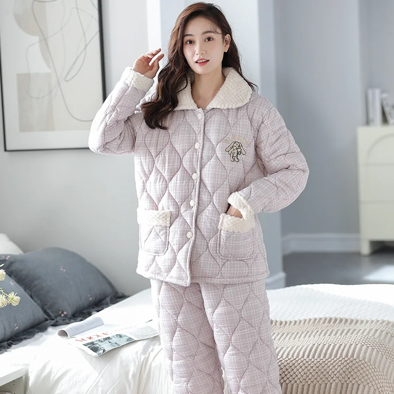 Fashion Plaid Autumn Winter Women Pajamas Set Sweet Cute Cartoon Thick Cotton Quilted Homewear Soft Warm Comfort Pyjamas Female