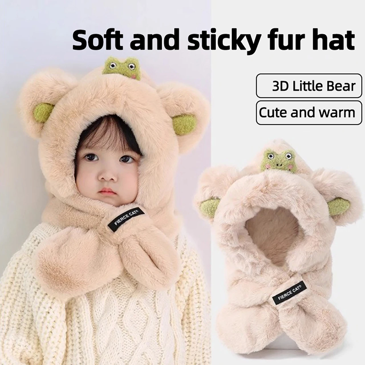 

﻿ Winter Kids Plush Scarf One-piece Hat Baby Thermal Headgear Cute Cartoon Children Cross Neckerchief Anti-Cold Pullover Cap