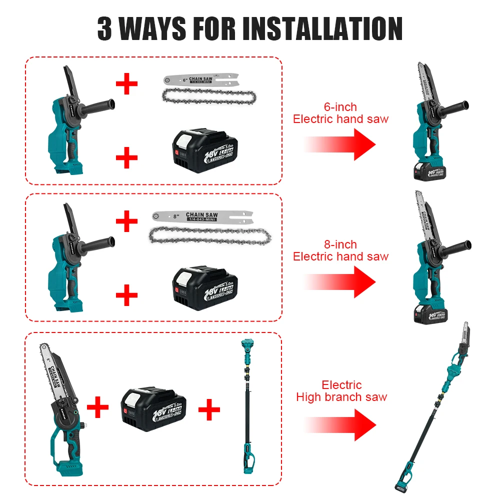Kamolee 6 Zoll + 8 Zoll Mini bürstenlose elektrische Säge wiederaufladbare Kettensäge Holzschneider Beschneiden Garten Elektrowerkzeuge – Detail 17