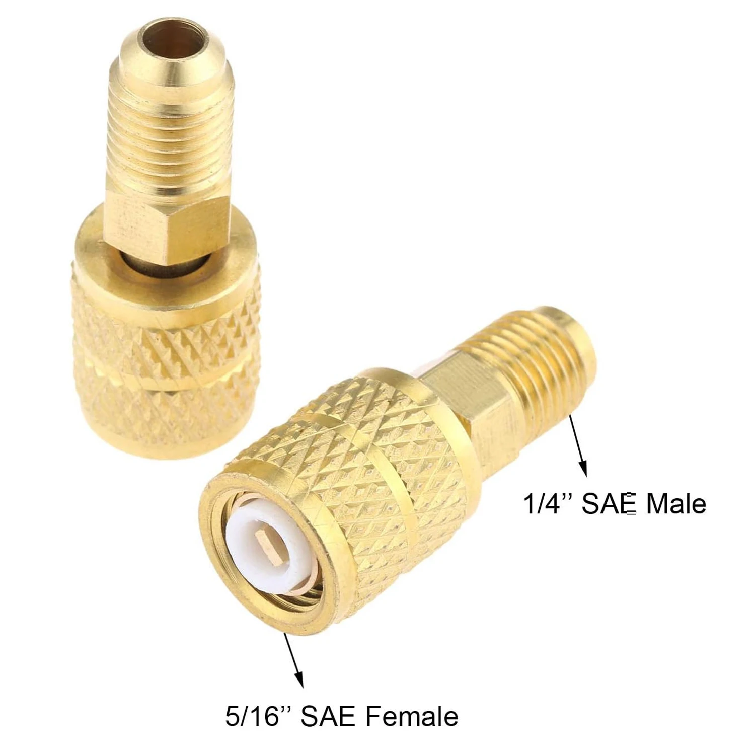 2x Válvulas de seguridad de líquido para refrigerantes R410, R32, R22, con conectores SAE de 5/16" (hembra/macho) y SAE de 1/4" (macho/hembra), para reparación de aire acondicionado y refrigeración.