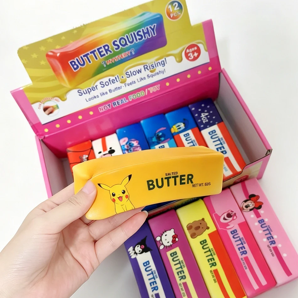 12PCS Full Box Cartoon Series Soft Butter Squishy, Soft Silicone Butter Stick Squeeze Toy, Party Favor Mini Gifts