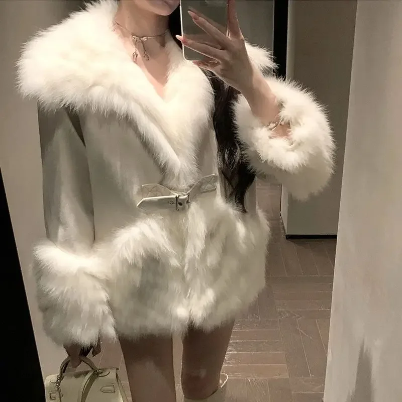 

Lady Elegant Women Warm Oversized Real Fox Fur Collar Jacket Suede Coat Outerwear Streetwear