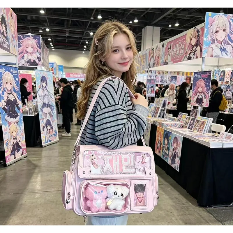 New Y2K Cute Ita Bag Harajuku Large Capacity Shoulder Lolita Girl Transparent Pocket DIY Badge Display Casual Crossbody