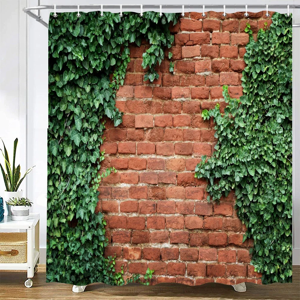 Retro Old Brick Wall Plant Printing Fabric Waterproof Shower Curtain Bathroom Curtains Bathtub Decor Bath Screen with 12 Hooks
