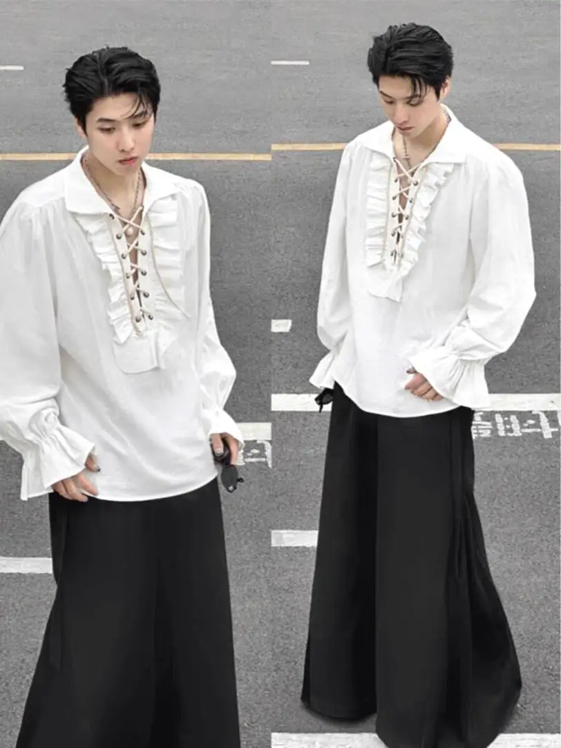 

Men's loween Costume irt with Lace Trim And Tie Long Sve Stand Fit Breathable Youthful Sle Four Seasons Suitable