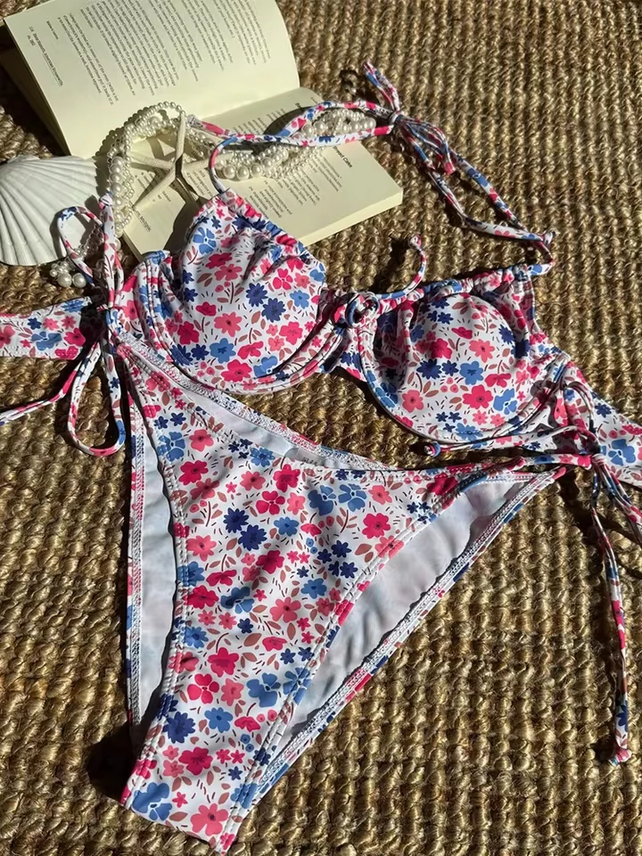 Vzvn Sexy Laced Up Floral Bikini Set Women Split Swimsuit Beach Vacation Bikini 2026 New All Season Backless Bikinis 2 Piece Set
