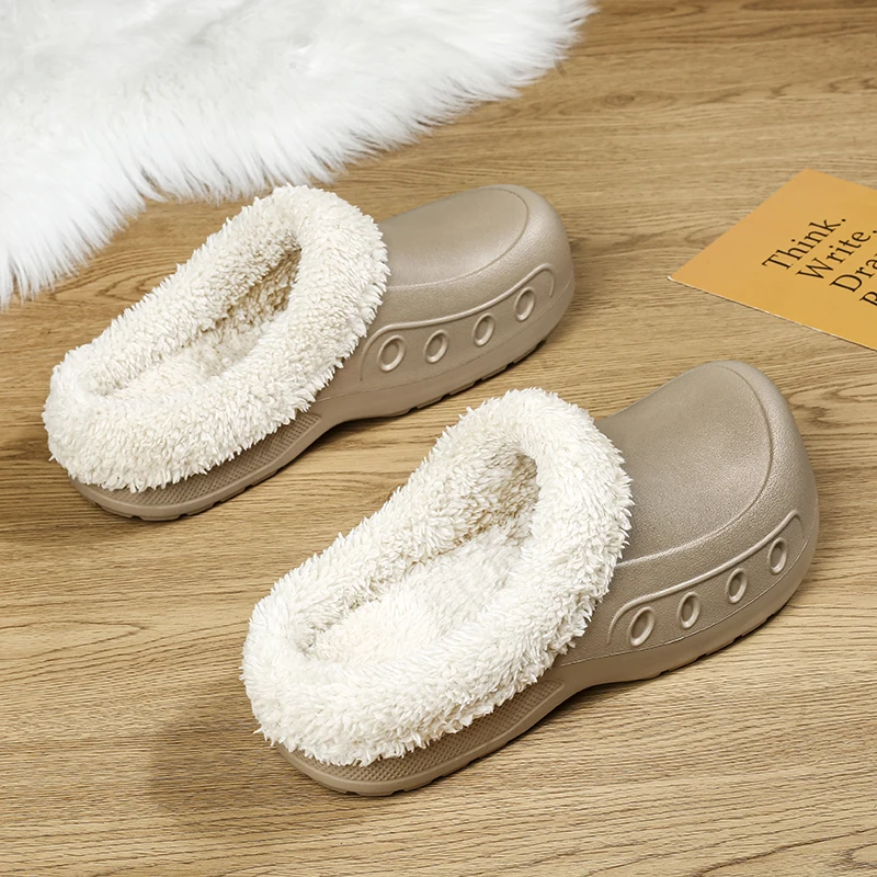Plus Size Men Winter Warm Clogs Fuzzy Lined House Slippers Closed Toe Mules Faux Leather Slip On Shoes Big Size Footwear