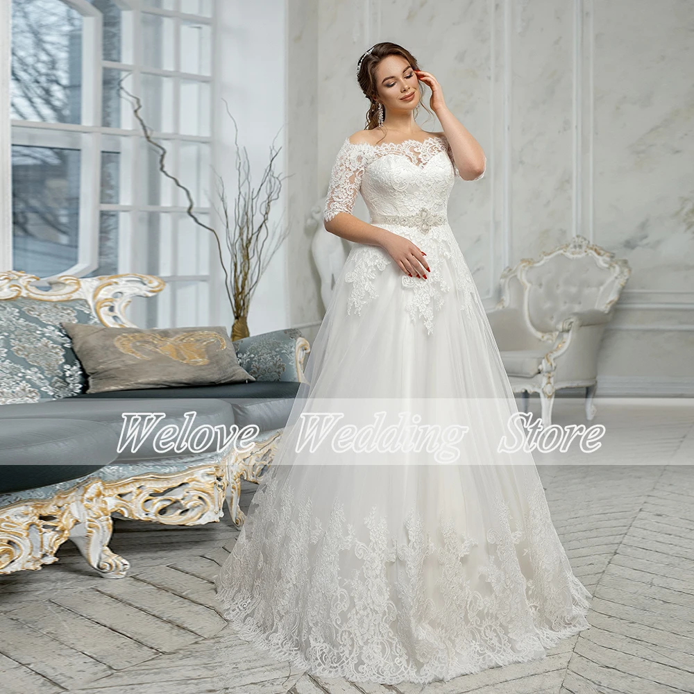 Elegante Hochzeit Kleider Für Braut Mit Ärmeln Off Schulter Plus Größe Brautkleid Chic Applique Spitze Schärpen Vintage Formale Partei