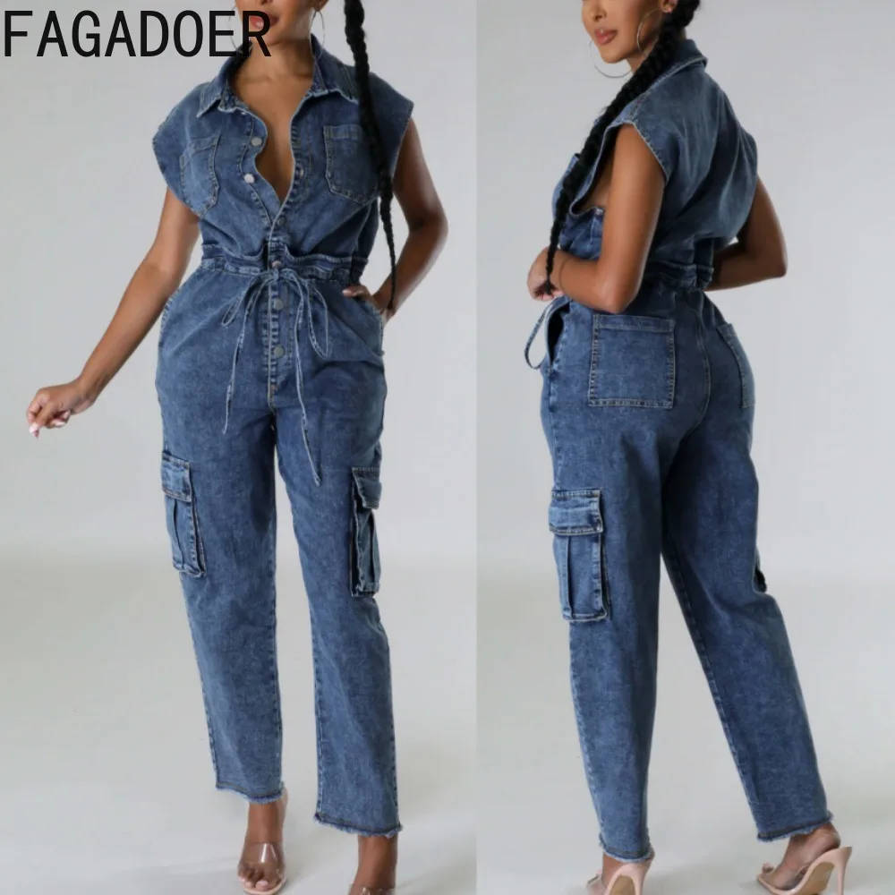 

FAGADOER Blue Fashion Denim Lace Up Pocket Loose Jumpsuits Women Turndown Collar Button Sleeveless Slim Playsuits Female Overall