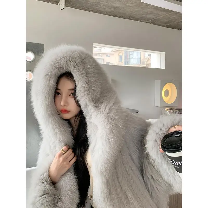 Fashion Wool Coat Women Autumn and Winter New Hooded Jacket Women Imitation Fur Velvet Coat Women Mid Length Winter Coat Trench