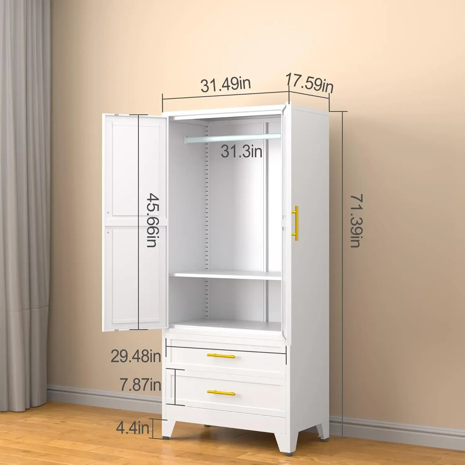 Adjustable Shelves and Hanging Rod, Household Steel Wardrobe Storage Cabinet with Drawers (armoire-White)