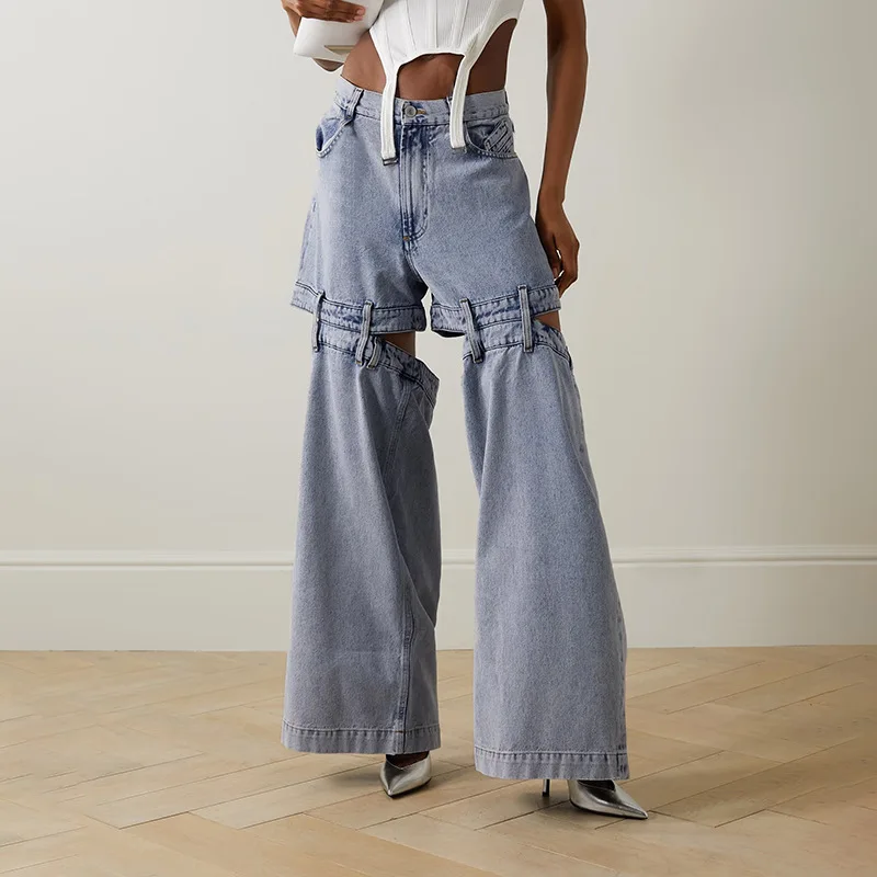 

Retro Fashion Street Style 2024 Summer Cut Cut Cutout Careful Machine Design Denim Loose Wide-leg Pants for Women Slight Strech