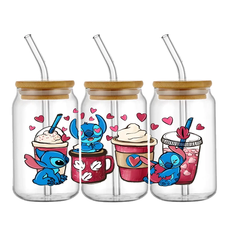 Valentine\'s Day Disney Stitch Theme For Libbey 16oz Can Glass UV DTF Disney Stitch Coffee Can Wrap Libbey Glass