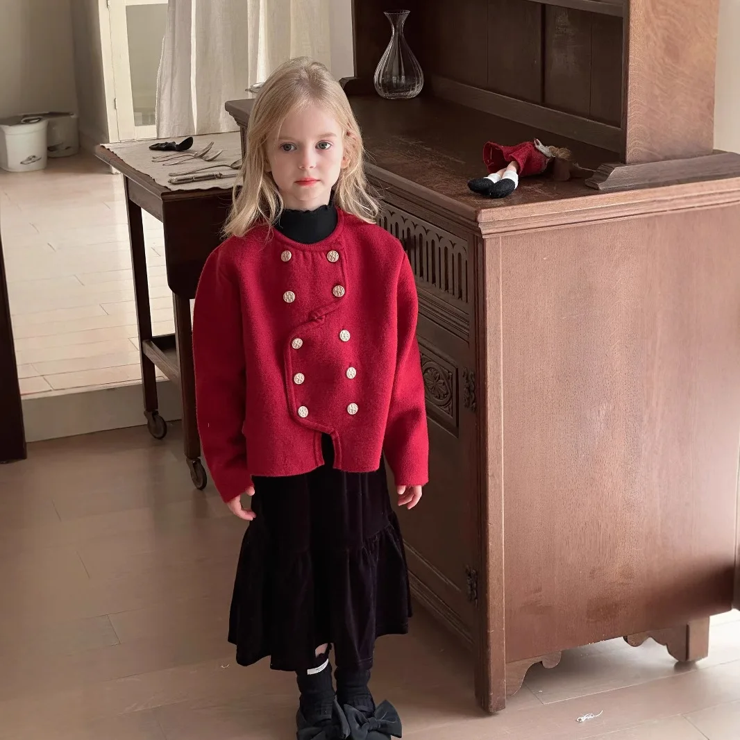 Baby Girl Temperament Coat 2025 Winter New Style Button Red Fashion and Beautiful New Year Outwear Kids Clothes