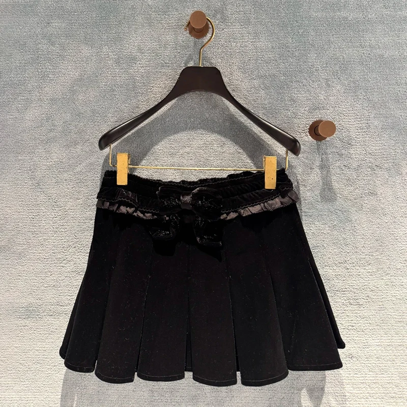 

Faionable Retro Bla Velvet Knot Decorated A-Line Skirt High Waist Ci Commute Suitable Women's f Skirt