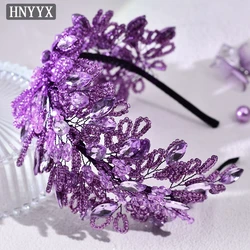 HNYYX Crystal Beaded Leaves For Women Headband Handmade Retro Rhinestone Head Hoop Girls Bridal Wedding A165 Purple