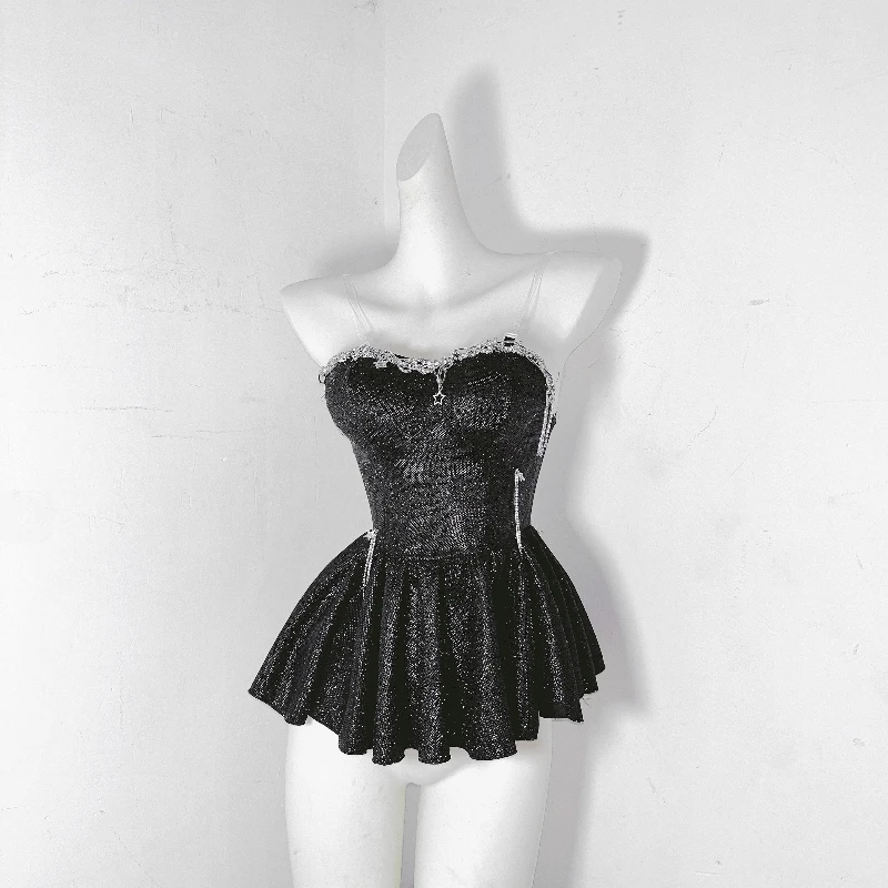 Origineel ontwerp zware industrie puur zwart gothic sprankelende pailletten dames sling punk 2025, nieuwe zoete coole sexy shorts pak dames