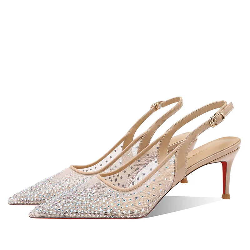 Summer new pointed shallow mouth rhinestone mesh wedding shoes banquet dress size small size slim high-heeled women's sandals