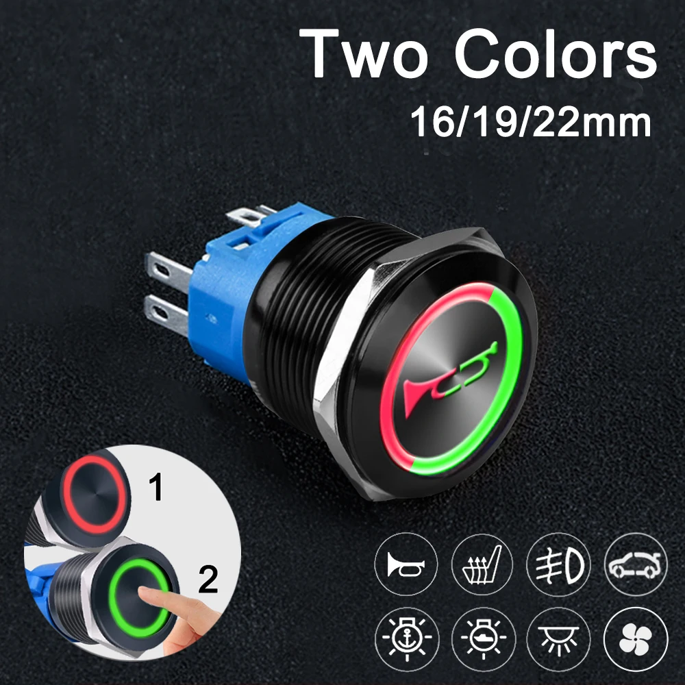 16/19/22MM Two Color Metal Push Button Switch Customized Black Shell Waterproof Latching/Momentary Horn Fan for Car Boat 12V 24V