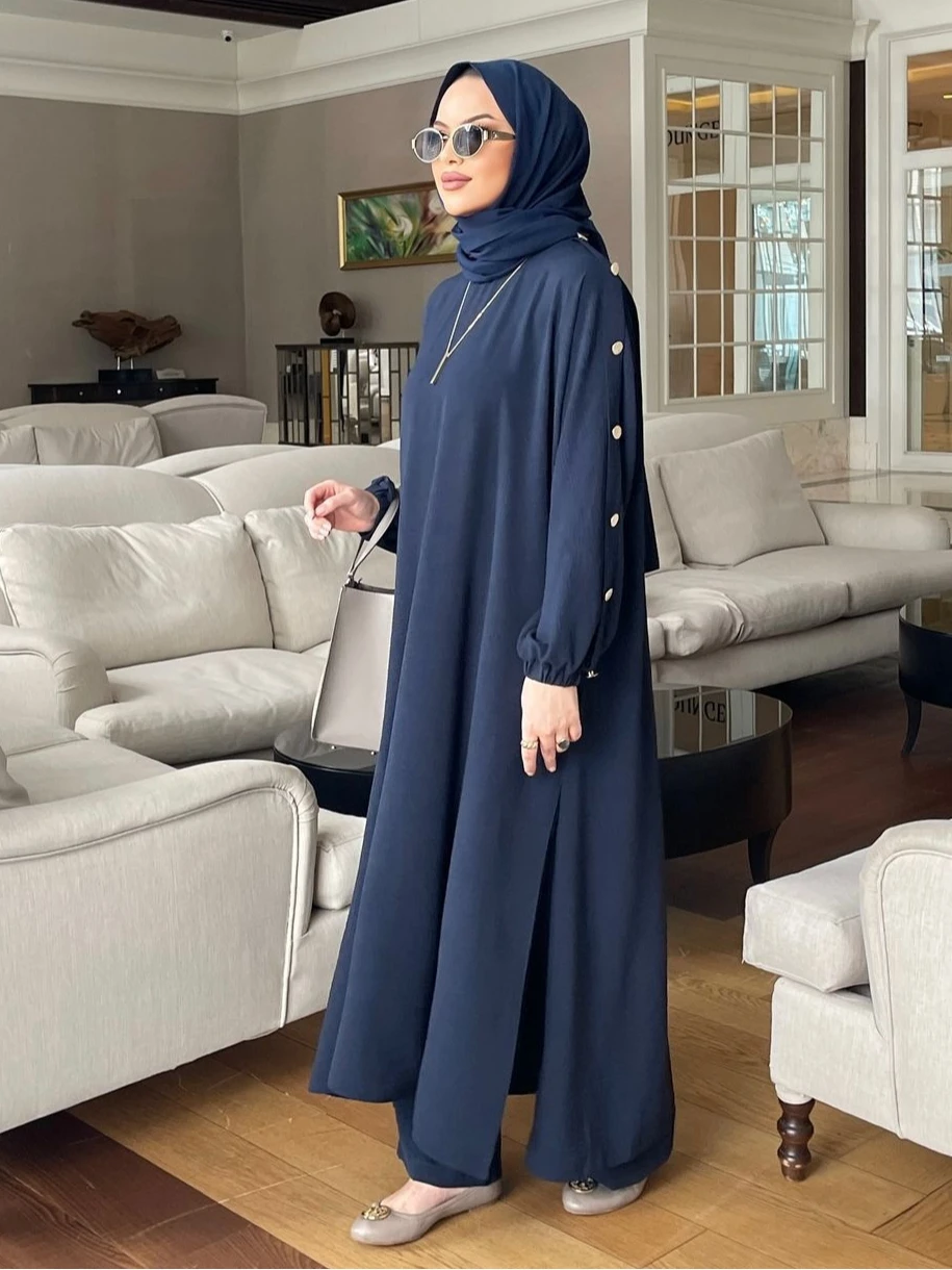 Muslim Dress for Women Blouse 2 Piece Set Long Sleeve Abaya Shirt Wide Leg Pant Suits Arabic Dubai Dresses Musulman Ensembles