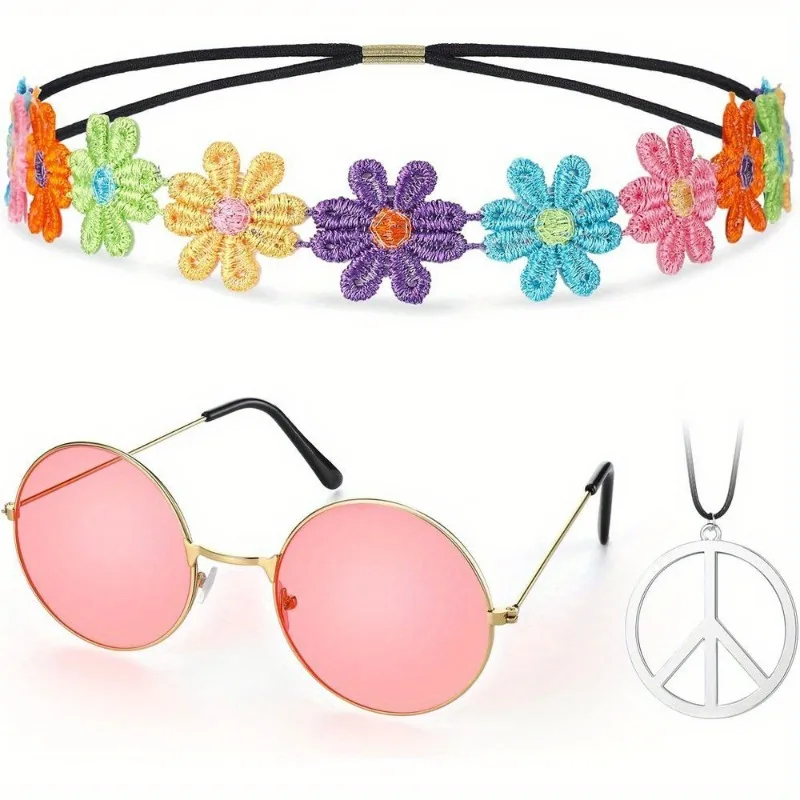 Hippie Costume Set 60\'s Style Circle Glasses Peace Sign Necklace Daisy Sunflower Headbands  Dressing Accessory Hippie Party