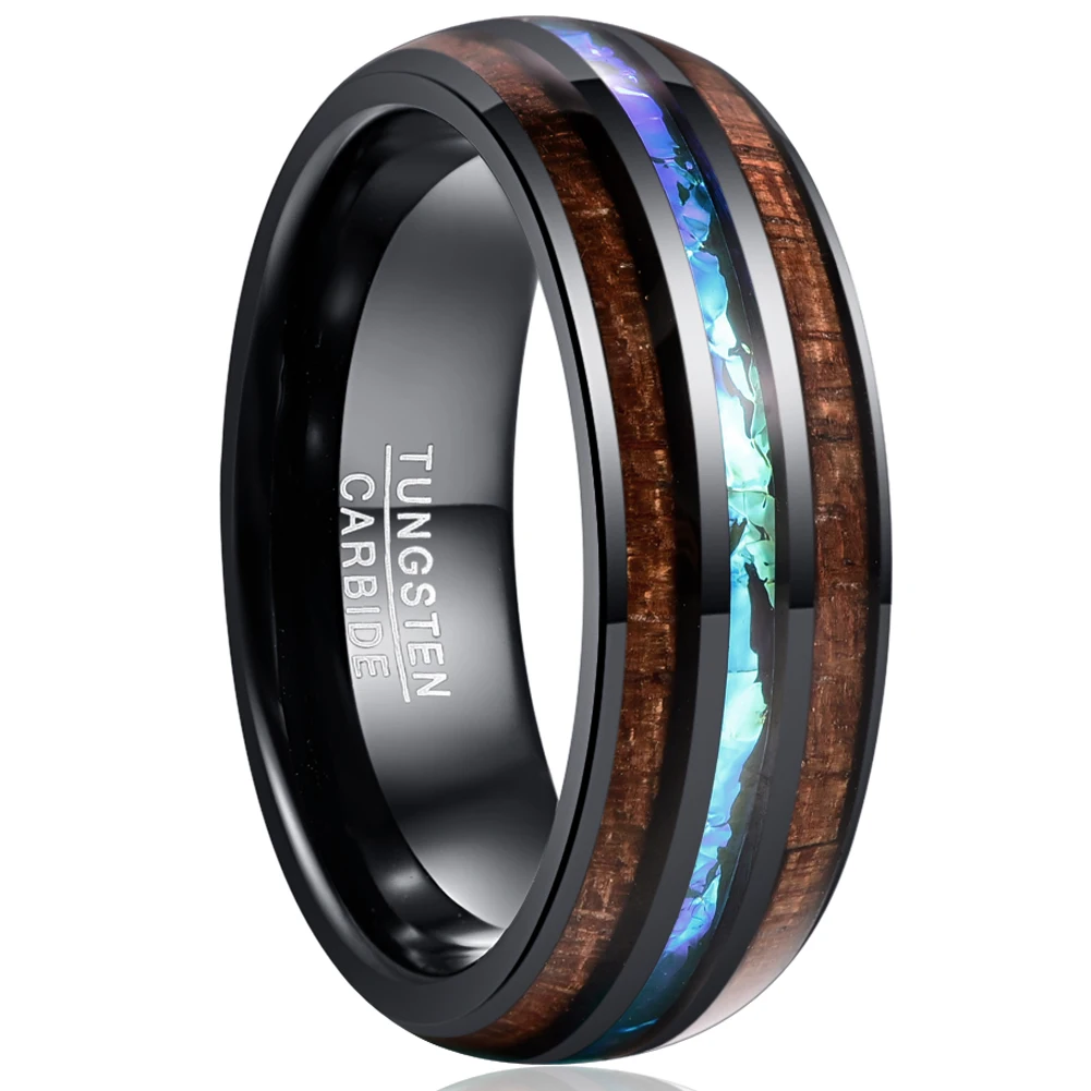 Nuncad Comfort Fit 8mm Natural Acacia Black Wood Ring Opal Tungsten Carbide Ring for Men ring 100% Tungsten carbide T168R