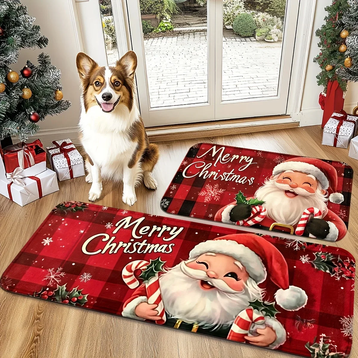 Merry Christmas Santa Claus Kitchen mat 1/2/3pcs Buffalo Plaid Winter Hallway Corridor Runner Long Welcome Home Floor Mat