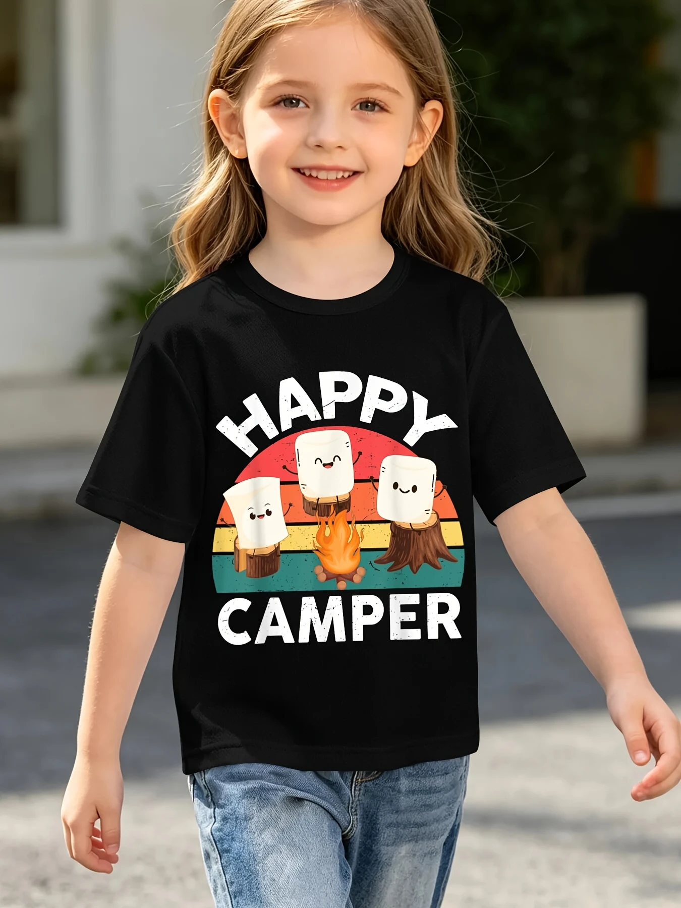Happy Camper Marshmallow Campfire Print T Shirt Boys Girls Camping Short Sleeve Tee Family Matching Kids Casual Cotton Tops