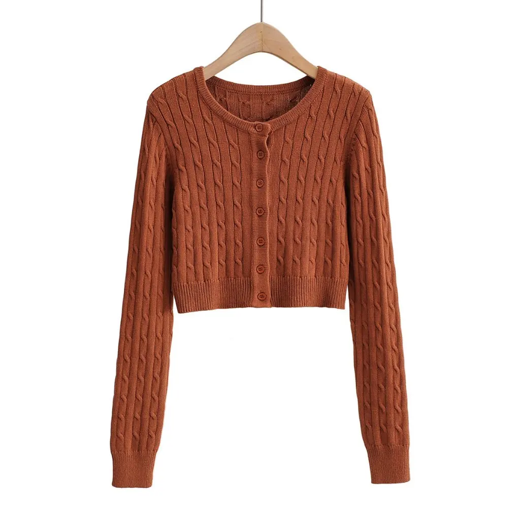 

AP20119 Slim-fit Crewneck Cardigan Sweater Short Twist Knitwear for Women Cyber Celebrity Style Exterior Coat