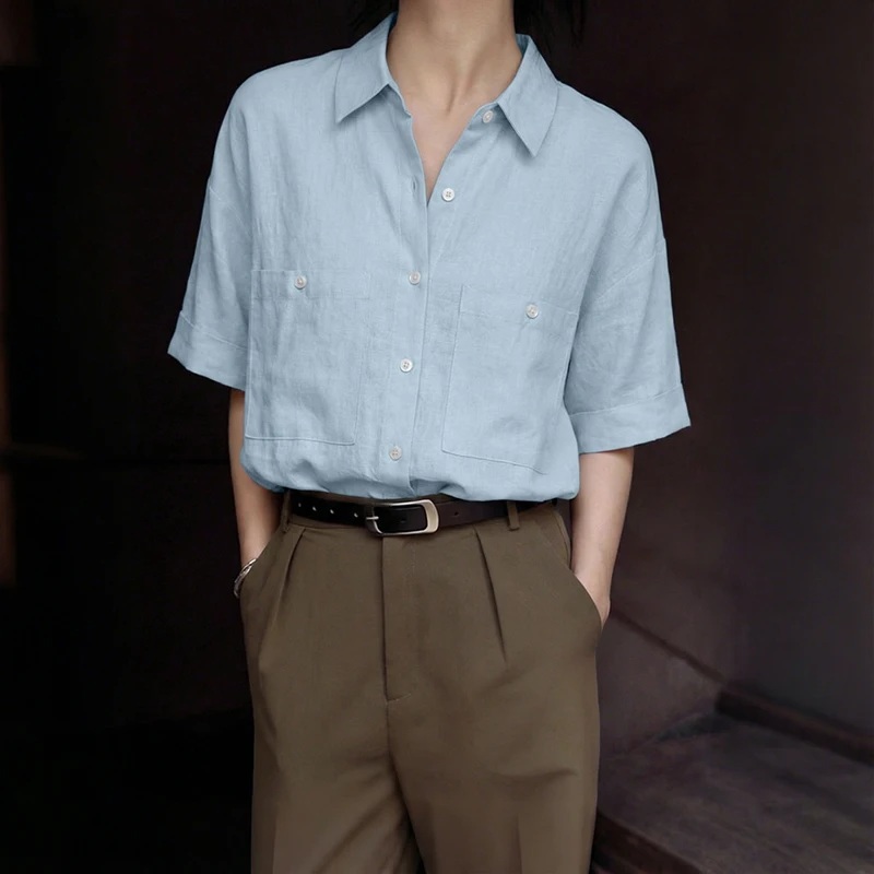 

Летняя и весенняя женская рубашка ZANZEA с коротким рукавом, однотонная, с отложным воротником, для офиса, оверсайз, свободная туника