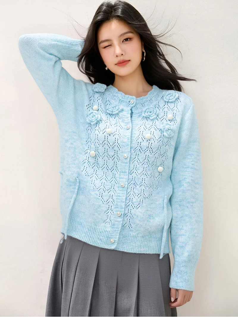 新品、秋、冬、韓国風、セーター、ファッション、セクシー、透かし彫り、3D、花、女性、長袖、ニット、カーディガン、ボタン、トップス、5102205