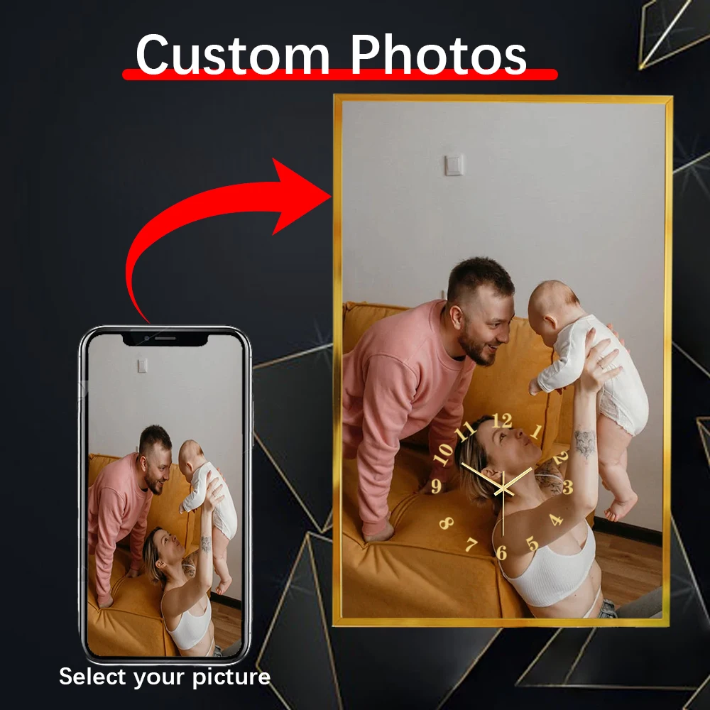 

Отправьте фотографии на заказ, художественные часы, цифровые настенные часы, рамка из алюминиевого сплава, 25X4 0 см, зеркальные часы, семейный подарок