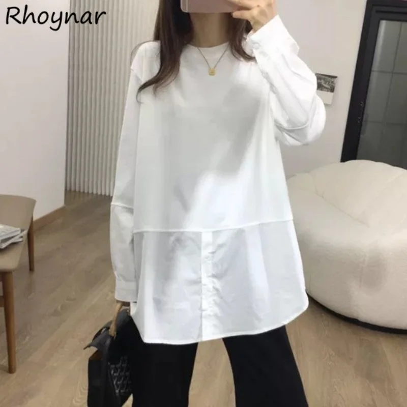 Long Sleeve T-shirts Women Baggy Tops Spliced White Minimalist All-match Kpop Fashion Simply Temper Inside Basics Футболка Cozy