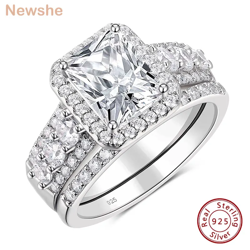 

Набор обручальных колец Newshe 4CT, обручальное кольцо из стерлингового серебра 925 пробы сияющей огранки для женщин, AAAAA с кубическим цирконом
