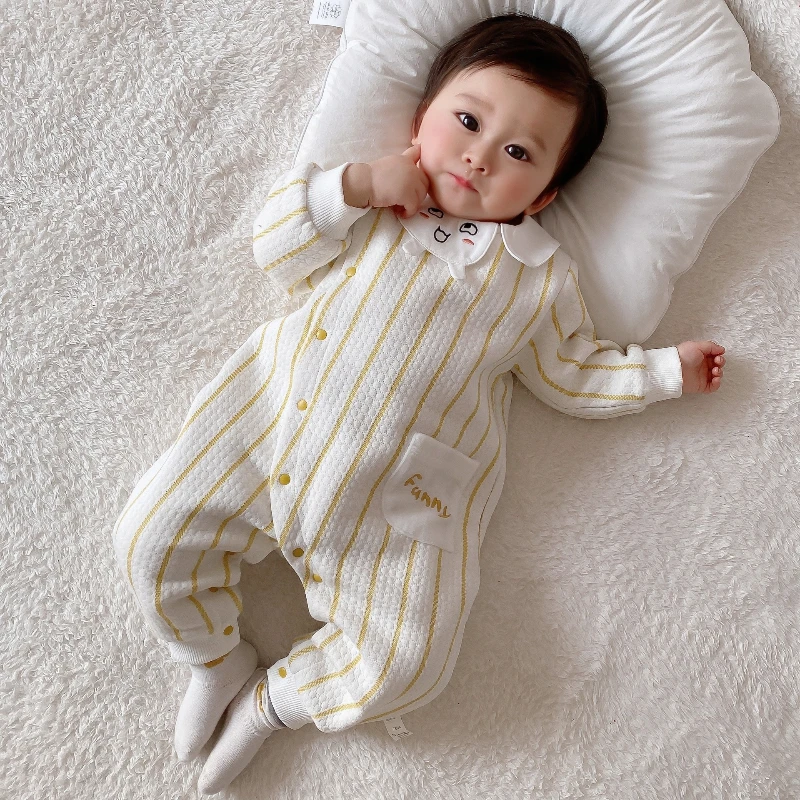 

Unisex Baby Winter & Fall Warm Romper Boys & Girls Striped Cartoon Long-Sleeve Jumpsuit Christmas Peter Pan Collar Onesie