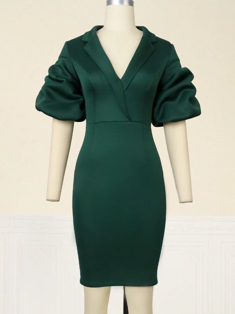 AOMEI Sexy Party Dress for Women 2023 Notched V Neck Short Puff Sleeve Green Robes Formal Occasion Midi Vestidos Large Size 4XL