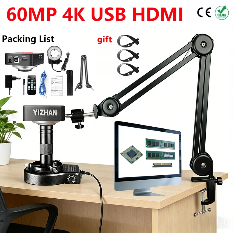 YIZHAN 60MP 4K Mikroskop Digitalmikroskop-Set mit verbessertem Halter, 150X Objektiv, USB-HDMI-Schnittstelle für den Einsatz in biologischen Laboren