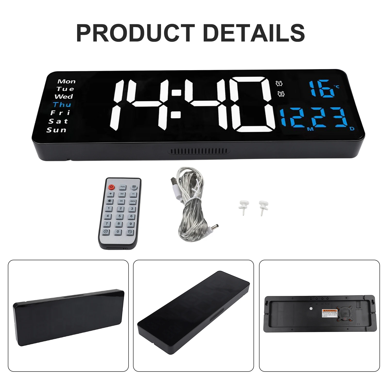16 Inch Large Digital Wall Clock ABS Acrylic Wall‑Mounted LED Clock USB Plug‑in Powered With Remote Control Alarm Timer