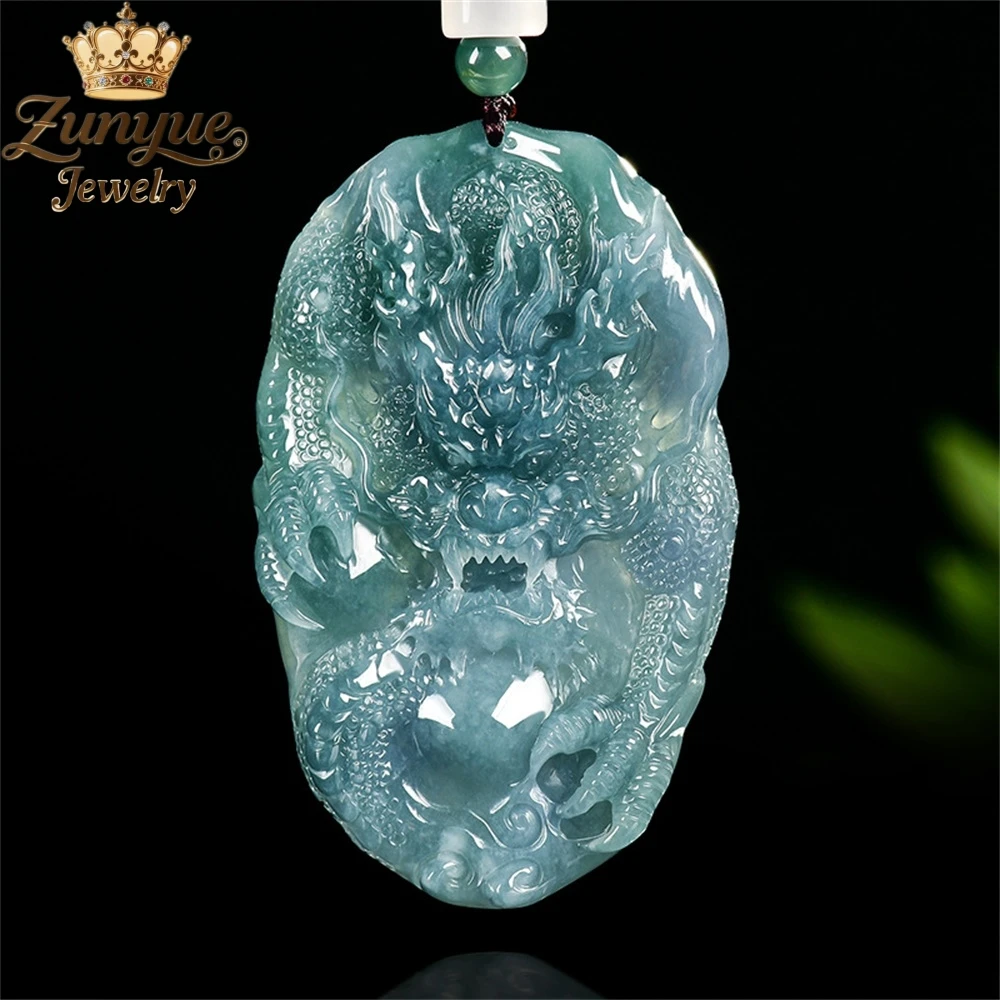Natural A-Grade Jadeite Blue Water Divine Dragon Protecting The Main Dragon Pendant, Grand Zodiac Dragon Pendant Charms Elegant