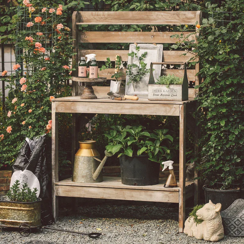 Gardening console retro old solid wood gardening table gardening tools storage garden racks.