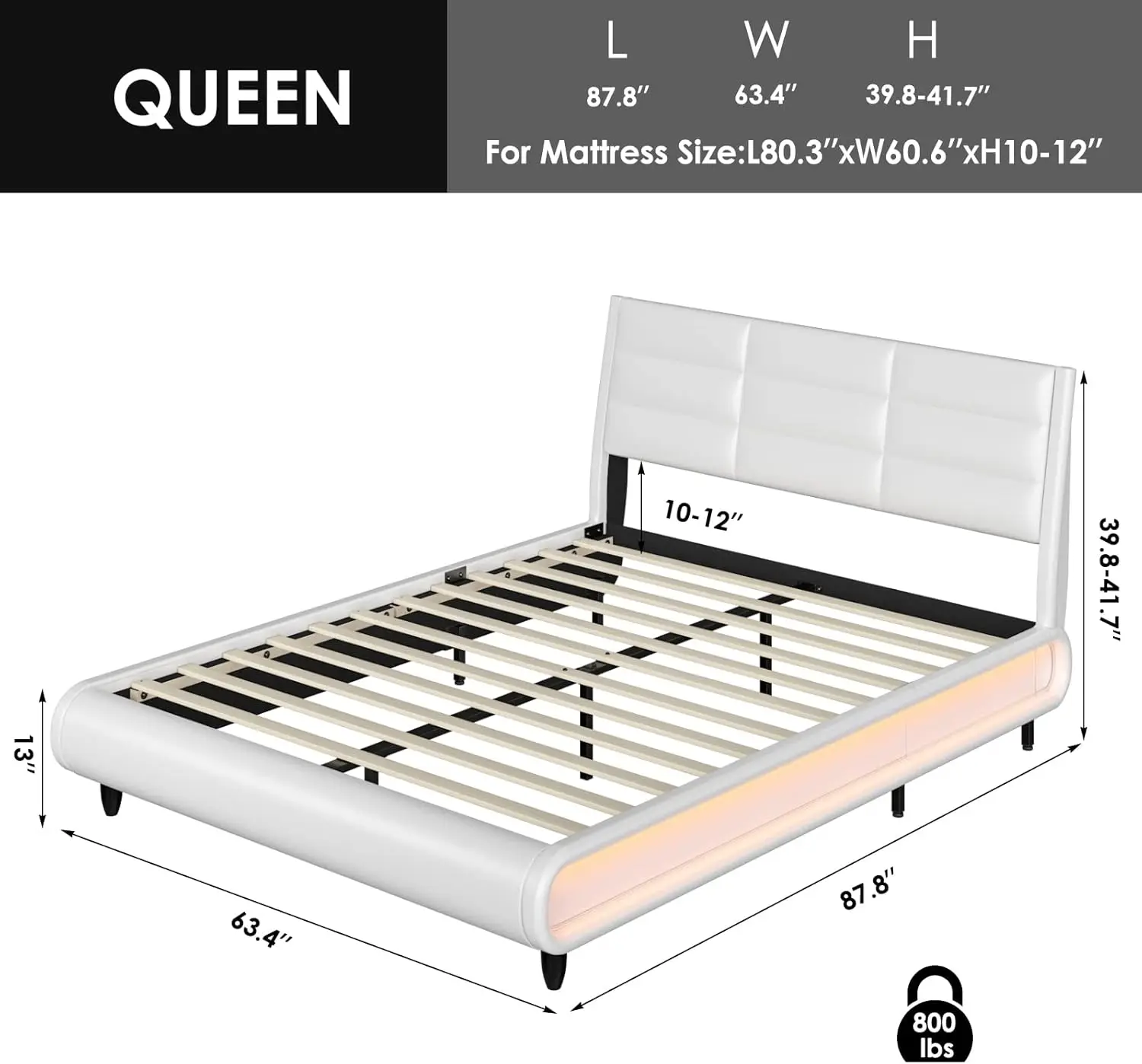 Upholstered Bed Frame with Smart LED, PU Low Profile Sleigh Platform Bed with Adjustable Headboard, Modern Mattress Foundation