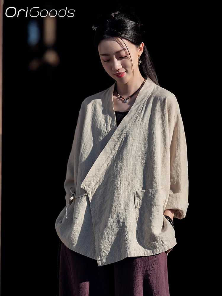 OriGoods Kimono Shirt Women Ramie Cotton Long Sleeve Kimono Cover Up Summer 2024 New Japanese Style Loose Tops Woman C051