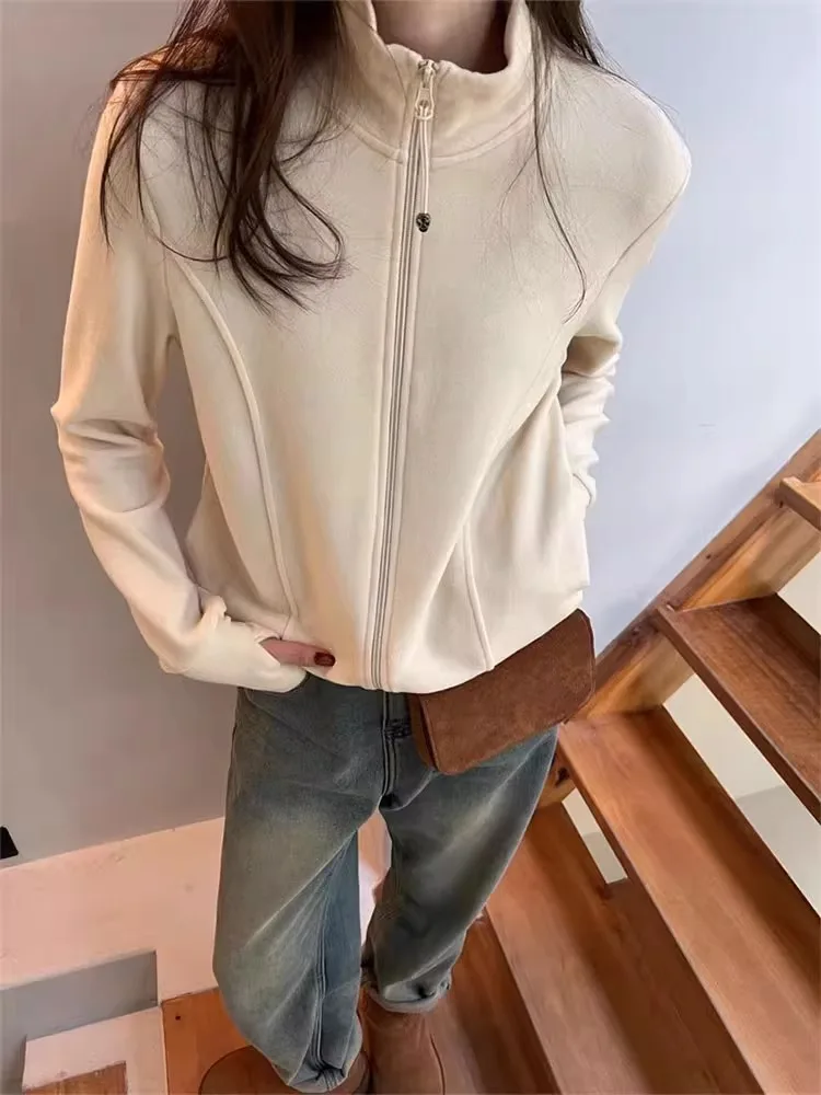 スリムフィットロングスリーブジッパーカーディガン女性の春秋の新作韓国版ダブルジッパースタンドカラースウェットジャケット