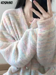 Cute Iridescence Knitted Cardigans Loose Sweet Y2k Aesthetic Single Breaste Tops Contrast Color Grunge Harajuku Sweaters Women