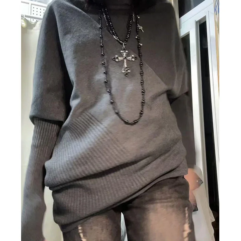Maglione grigio retrò americano da donna 2025 autunno collo alto irregolare sciolto stile pigro morbido e appiccicoso maglione lavorato a maglia casual top