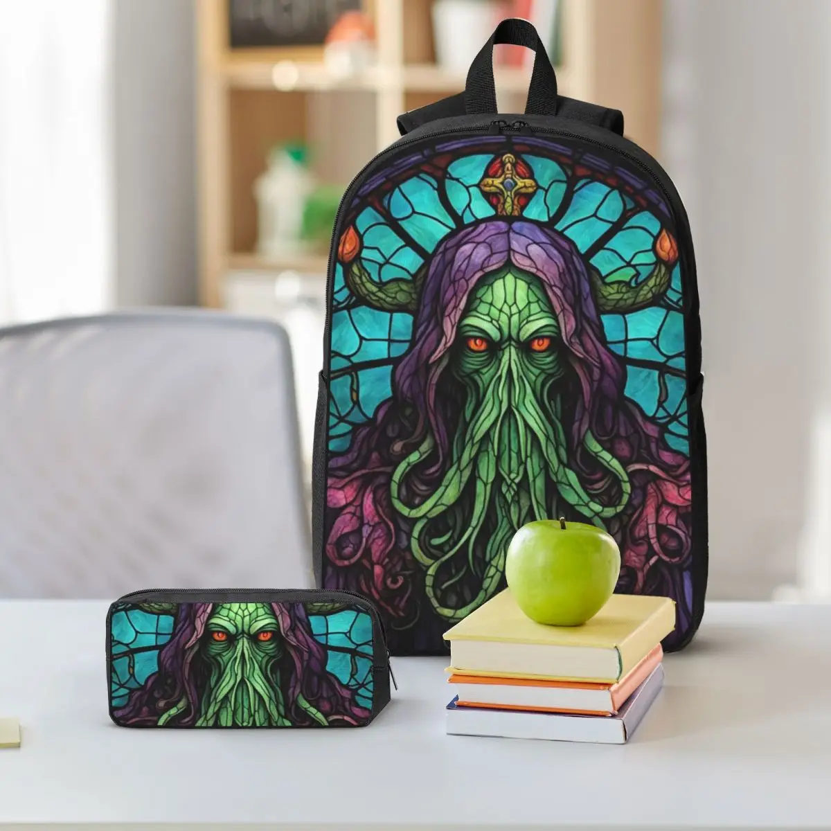Cthulhu Stained Glass Tentacles Backpack Boys Girls BookBag School Bag Laptop Shoulder Bags 3ps Insulated Lunch Bag Pencil Case