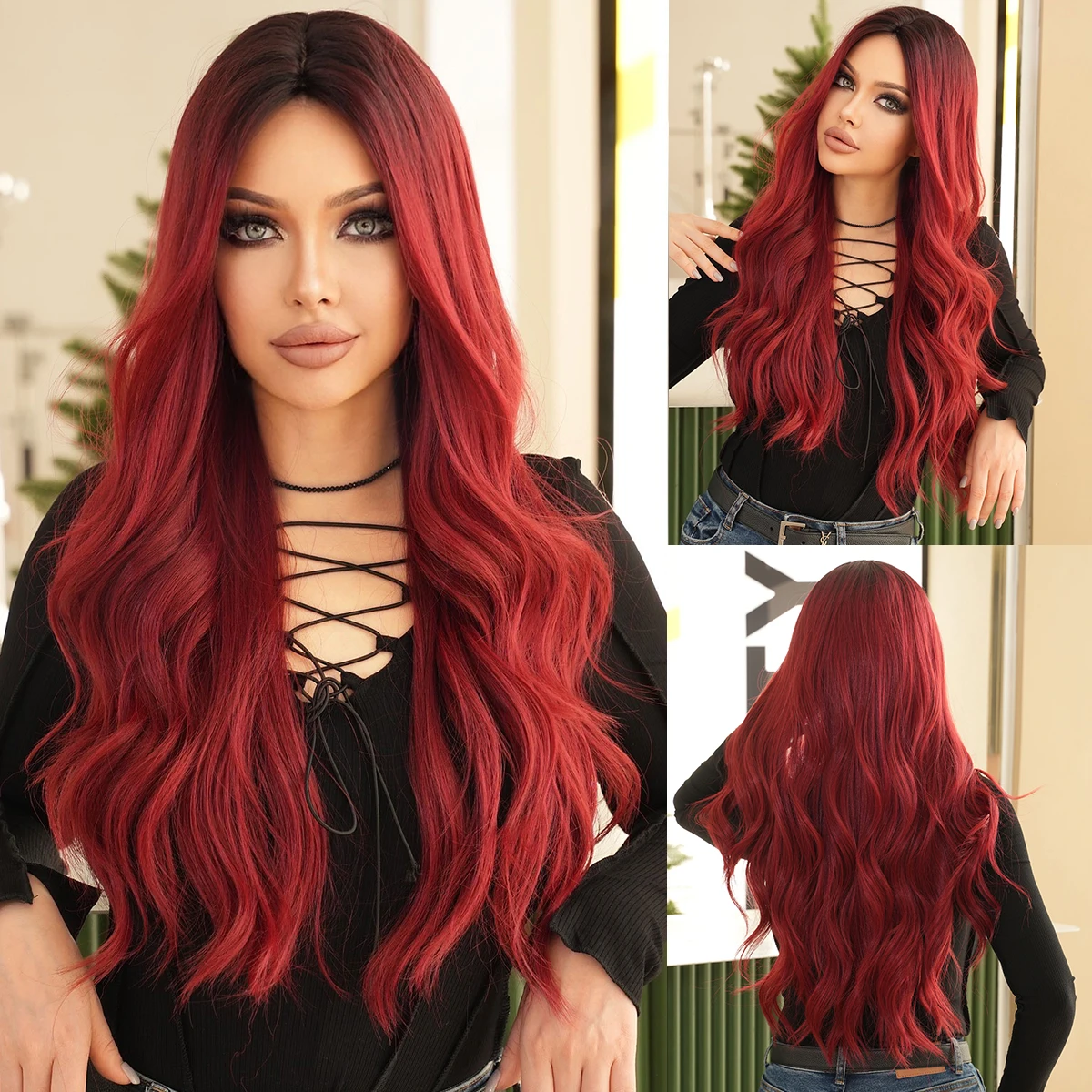 

NAMM Long Loose Water Wave Wine Red Wigs with Dark Roots High Quality Synthetic Layered Middle Part DarkRed Hair Wig for Women